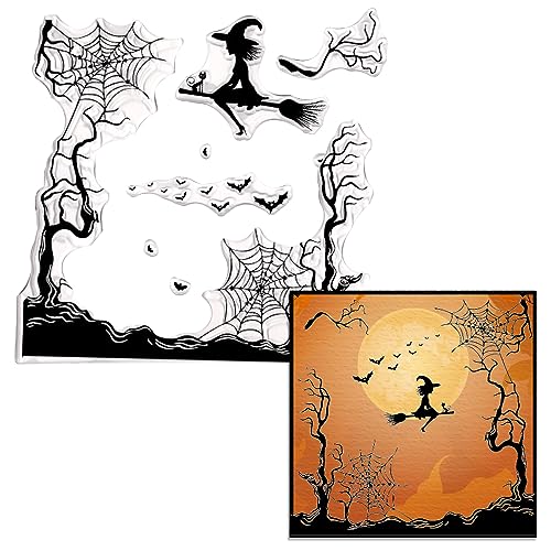 Threetols Halloween Clear Stamps for Card Making, Tree Background Clear Rubber Stamps Witch Bat Spider Web Stamps for Holiday Card Making Decor DIY Scrapbooking Transparent Album Decor Paper Craft von Threetols