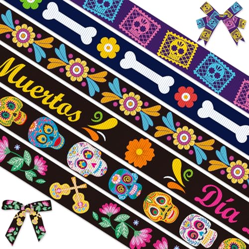 Threetols Ripsbänder mit Aufschrift "Day of the Dead", 1,9 cm Durchmesser, 1,9 cm Durchmesser, schwarze Blume, Zuckerschädel, Geschenkbänder für mexikanische Halloween-Themenparty-Dekorationen, 6 von Threetols