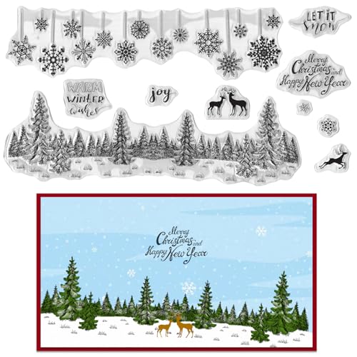 Threetols Transparente Silikonstempel mit Weihnachtsmotiven, Weihnachtsmotiv, Winter-Schneeflocken-Stempel mit Stimmungswörtern, Baum-Hintergrund, klare Gummistempel für Weihnachtskarten, von Threetols