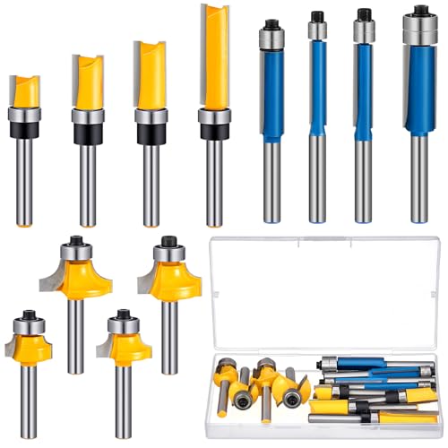 Threlaco 12 Stück Oberfräsen-Bits, 4 Bündigfräsen-Bits mit 1/4-Zoll-Schaft, 4 runde Fräser-Bits mit 1/4-Zoll-Schäften, 4 Muster-Bündigfräsen-Bits mit 1/4-Zoll-Schäften, ideal zum Schneiden auf von Threlaco