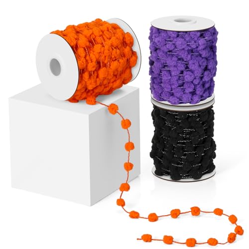 Threlaco 3 Rollen je 20 Meter Fuzzy Pom Pom Wired Trim Ribbon Lace Pom Pom Ribbon für Weihnachten Halloween Party Dekorationen (Orange, Lila, Schwarz) von Threlaco