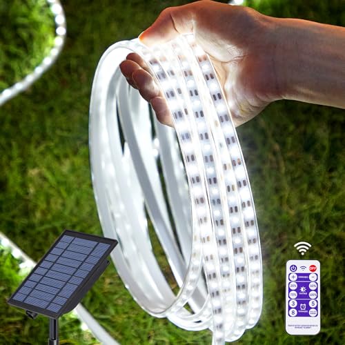 Thumok 10M LED Strip Solar Außen 600LEDs Solar LED Streifen Außen Dimmbar mit Fernbedienung Timer LED Strips für Aussen, Garten, Baum, Zaun, Pool Dekor(Kühles Weiße) von Thumok