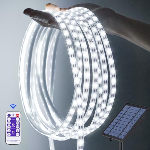 Thumok 5M LED Strip Solar Außen 300LEDs Solar LED Streifen Außen Dimmbar mit Fernbedienung Timer LED Strips für Aussen, Garten, Baum, Zaun, Pool Dekor(Kühles Weiße) von Thumok