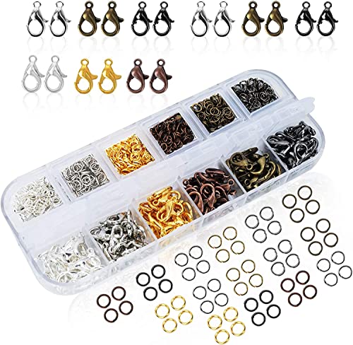 1000 Stück + Premium-Karabinerverschlüsse + offene Binderinge, 6 Farben, ideal für Schmuckherstellung, Halsketten, Armbandverschluss mit tragbarer Kunststoffbox (12 mm, 5 mm) von ThxYour