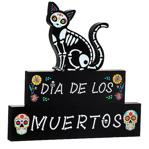 Thyle 3 Stück Tag der Toten Dekorationen Dia De Los Muertos Holzblöcke Katze Schädel Mittelstück für Tisch Holz Tag der Toten Mittelstücke für Partys Zuckerschädel Schilder für mexikanisches Halloween von Thyle