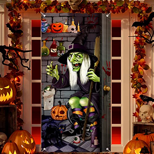 Halloween Hexe Türabdeckung Große Hexe Türabdeckung mit Seil Halloween Türdekoration Hexe Türabdeckung Foto Hintergrund für Halloween Party Supplies Home Hanging Indoor Outdoor Decor, 35,4 x 70,8 Zoll von Tiamon