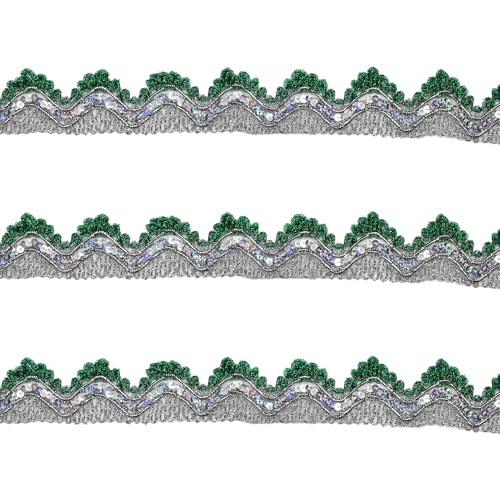 Tibaoffy 35 mm lang, mit grün-silberfarbenen Pailletten, Spitzenbesatz, verziertes Bastelband für Bastelarbeiten, Nähen, Stoff von Tibaoffy