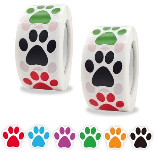 2 Rolle/1000 Stücke Hunde Pfoten Druck Aufkleber Bärentatze Etiketten Aufkleber Welpenpfoten Aufkleber Pet Gift Sticker Für Kinder Party Dekoration Umschlagsiegel Tiermodellierung Wandtattoo (Bunt) von Tibapla