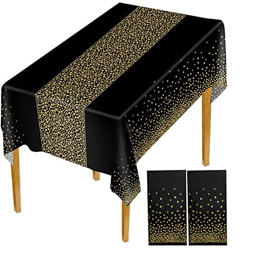 2 Stück Tischdecken Schwarz Gold,Kunststoff Wasserdicht Tischdecken,Wiederverwendbar Tischwäsch, Rechteckig Tischtuch Geeignet für Party/ Hochzeit/Geburtstag/Weihnachten/Picknick - 137*275CM(Schwarz) von Tibapla