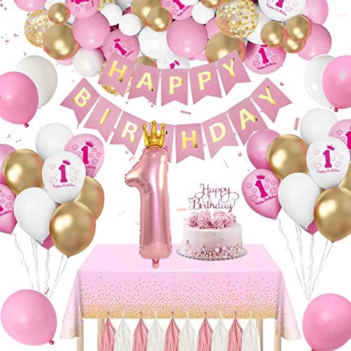 Tibimon Geburtstag Mädchen, Rosa Deko 1. Geburtstag Mädchen, Geburtstagsdeko 1 Jahr Mädchen Ballons Happy Birthday Banner, Latex Konfetti Luftballons für Geburtstag Deko Mädchen Party von Tibimon