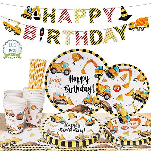 101 PCS Baustellen Partygeschirr Kinder Geburtstag Party Deko Pappteller Pappbecher Strohhalm Set Party Tableware für 20 Gästen 40 Dessertteller 20 Papierbecher/Papiertrinkhalme/Servietten 1 Banner von Ticeed