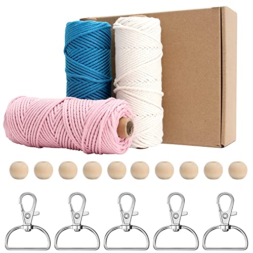 3 Roll Makramee Garn 60m x 3mm Bunt Baumwollseil Kordel Baumwollgarn mit 5 Schlüsselanhänger 10 Holzperlen für DIY Handwerk Basteln Wandbehang Blumenampel Pflanze Aufhänger Stricken(3 Farbe) von Ticeed