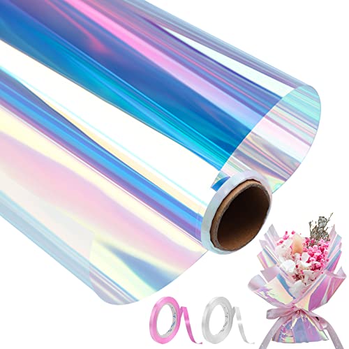 Ticeed 1 Rolle Regenbogen-Effekt Geschenkpapier Cellophanfolie Mit 2Pcs Bänder 80Cm x 15M Schillerndes Filmpapier Für Hochzeit Blumenstrauß Geschenk Süßigkeitenpaket Kunst Handwerk von Ticeed