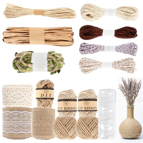 Ticeed 16 Stück Juteband Spitze Schnur Set Sackleinen Spitzenband Natürliche Sackleinen Jute Band Rolle DIY Garten Kordel Geschenkband zum Basteln Bastelschnur für Handwerk Hochzeit DIY Basteln von Ticeed