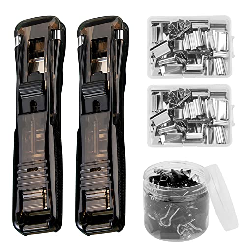 Ticeed 2 Set Klammernspender Paper Clam Clip Dispenser mit 100 Pcs Heftklammern 40 Pcs Foldback Klammern Verschluss Clips Push-in-Design Nachfüllheftklammern für Büro Home Schulbedarf (Schwarz) von Ticeed