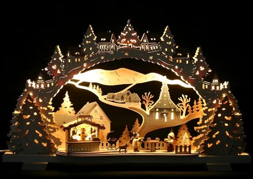 3D LED - Schwibbogen Weihnachtsmarkt mit Grillhütte 53cm x 31cm - Lichterbogen für Weihnachten - Feine Handwerkskunst aus dem Erzgebirge von Tietze Erzgebirgsdesign