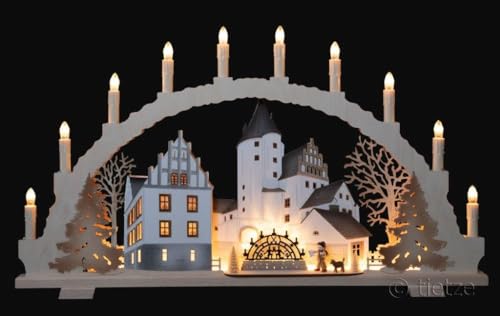 Großer Schwibbogen 70cm x 40cm mit 10 Kerzen und LED Vorbeleuchtung Weihnachtsmarkt am Schloß Schwarzenberg - Handarbeit aus dem Erzgebirge - Schwibbogen für Weihnachten von Tietze Erzgebirgsdesign