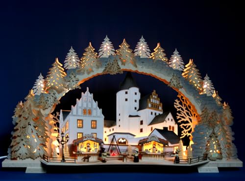 LED Schwibbogen Weihnachtsmarkt am Schloß, exclusiv schattiert, 72cm - inklusive Aufsetzelemente - Feine Handwerkskunst aus dem Erzgebirge von Tietze Erzgebirgsdesign