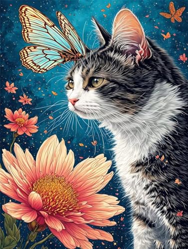 Katzenblume Diamond Painting Erwachsene, 5D Diamond Painting Bilder Kinder, DIY Diamond Painting Vollbohrer Diamanten Malerei Stickerei Set, Weihnachten Geschenke Home Wand Decor 20x30cm B-2951 von Tifnuer