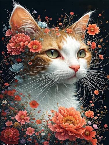 Katzenblume Diamond Painting Erwachsene, 5D Diamond Painting Bilder Kinder, DIY Diamond Painting Vollbohrer Diamanten Malerei Stickerei Set, Weihnachten Geschenke Home Wand Decor 20x30cm B-3028 von Tifnuer