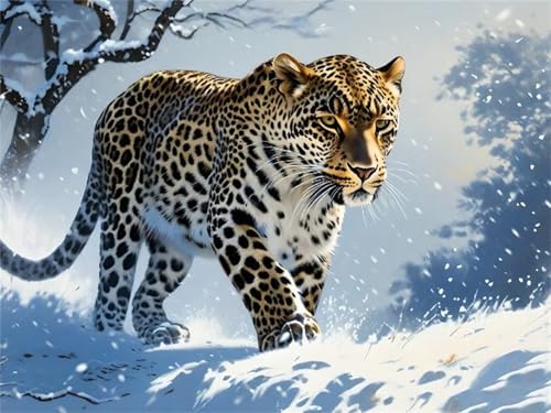 Leopard Schnee Malen Nach Zahlen, DIY Set Erwachsene Malen Nach Zahlen Schipper, auf Leinwand Acrylmalerei Nach Zahlen mit 3 Pinsel und Acrylfarben Basteln Mädchen Geschenk 40x50cm (Rahmenlos) I-6141 von Tifnuer