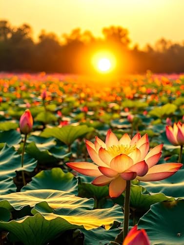 Sunset Lotus Diamond Painting Erwachsene, 5D Diamond Painting Bilder Kinder, DIY Diamond Painting Vollbohrer Diamanten Malerei Stickerei Set, Weihnachten Geschenke Home Wand Decor 20x30cm B-2764 von Tifnuer