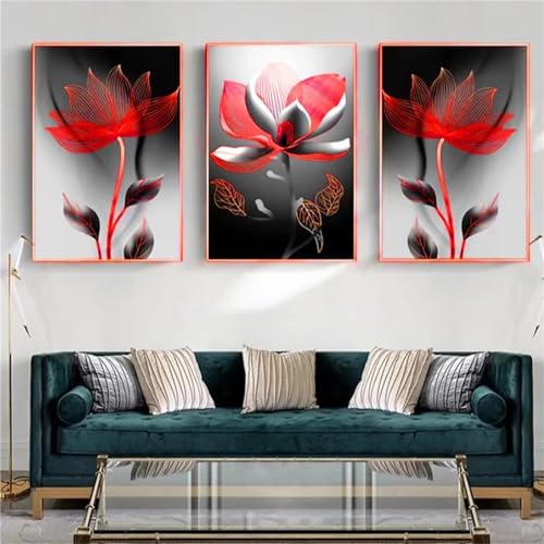 Tifnuer 5D Diamond Painting 3 Teilig Groß XXL Blume Rot Diamant Painting Bilder Full Drill Round Mosaikherstellung Basteln Erwachsene Malen Nach Zahlen für Home Décor Mädchen Geschenke 35x55cm F-3616 von Tifnuer