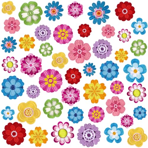 Tigeen 48 Stück Blumen-Aufnäher zum Aufbügeln, Frühlingsblumen, zum Aufnähen, niedlich, bunt, bestickt, Applikation für Kleidung, Rucksack, Hüte, Jacken, Jeans, DIY-Zubehör von Tigeen