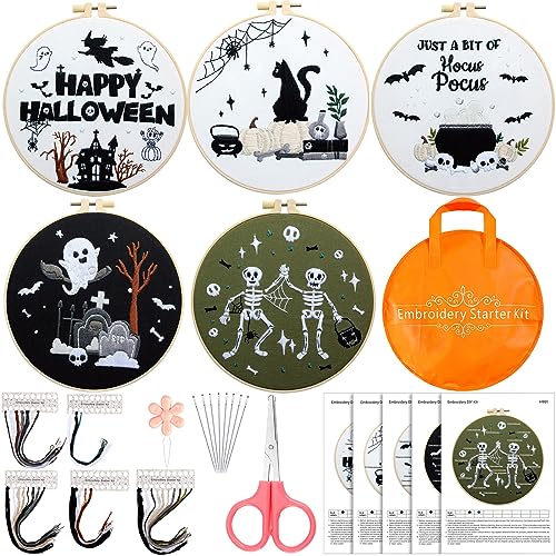 Tigeen 5 Sets Halloween Stickset für Anfänger DIY Erwachsene Anfänger Sticksets mit Halloween Muster Stickrahmen Nadeln Fäden Schere Aufbewahrungstasche Nadeleinfädler und Anleitung von Tigeen