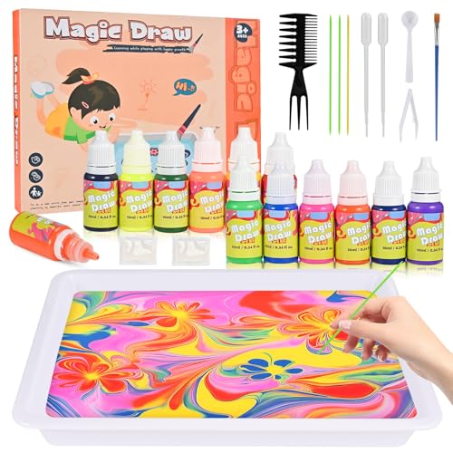 Tigvio Wasser Marmorierfarbe 12 Farben Bastelset Kinder Ab 6 Jahre, Wassermarmorierfarbe Kreativ Set für Kinder mit Basteln Paint Kit, Bastelset Geschenke für Mädchen und Jungen 6 7 8 9 10 Jahre von Tigvio