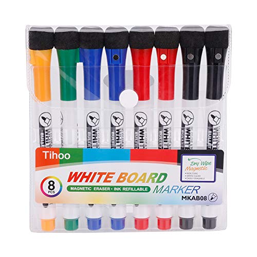 Tihoo 8 Whiteboard Stifte Whiteboard Marker, 2 in 1 Schwamm Magnetisch Whiteboard Stift, trocken und rückstandsfrei abwischbar von Whiteboards, Optimal für den Einsatz Zuhause Schule Büro von Tihoo