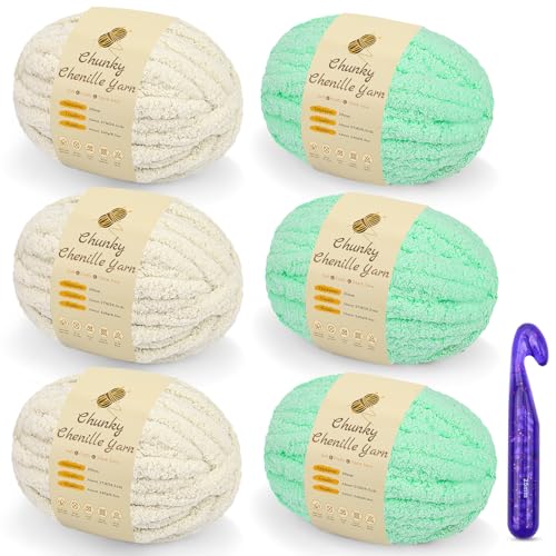 Tikjiua Dickes grobes Garn, grobes Chenille-Garn zum Häkeln, weiches Plüschgarn mit Häkelnadel für die Herstellung von Decken, DIY, Handwerk, 3 Stück, Milchweiß, 3 Stück, Mintgrün, 6 Stück von Tikjiua