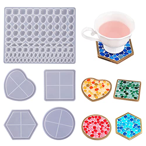 TikooTik 5 Stück Untersetzer Silikonform Cup Mats Epoxidharz Edelstein Harz Formen Resin Molds Quadrat Rund Sechseck Herz Gießform für Untersetzer Basteln DIY Heimdekoration (4+1pcs) von TikooTik