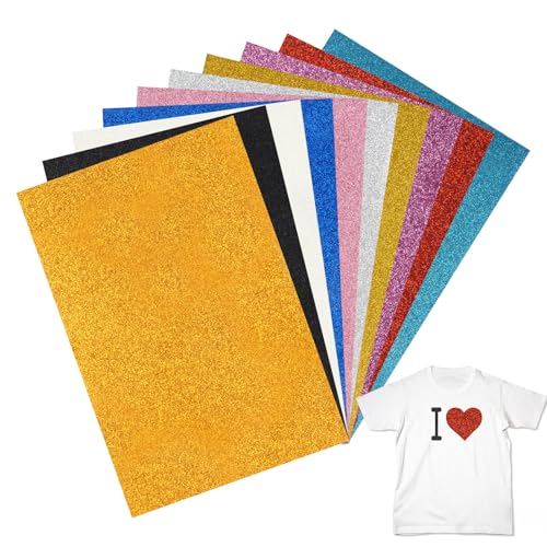 10 Stück Plotterfolie Textil Glitzer, 30cm×20cm Plotterfolie Vinylstoff, Heat Transfer Flexfolie Glitzerfarben, Plotter Transferfolie, Vinyl Plotterfolie für T-Shirt Textilien Stoffe zum Aufbügeln von Tikplus