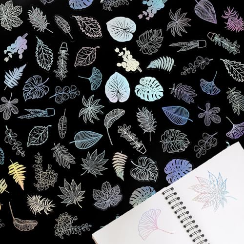 100 Stück Blätter Scrapbook Stickers, Aufkleber Blätter Selbstklebend, PET Blätter Sticker, Wasserdichte Scrapbook Stickers, Holographisch Laser sticker, für DIY, Scrapbooking(25 Muster) von Tikplus