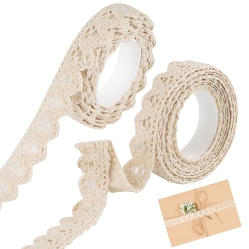 3.6 Meter Spitzenband Selbstklebend, 2 Rollen Beige Zierband, Vintage Dekoband, Baumwolle Spitze-Borten, Spitze Zierband, Ornamente zum Aufkleben, Spitzenband, für DIY, Handwerk(Breite 1.6cm) von Tikplus