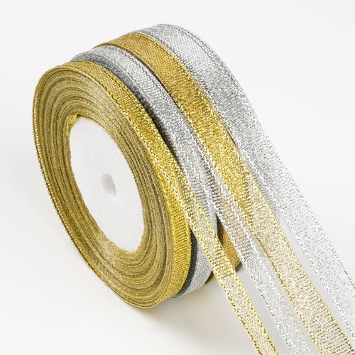 4 Rollen Schleifenband Weihnachten, Grün/Silber Geschenkband zum Basteln Geschenk Verpackung, Weihnachtsbänder Satinband für Weihnachten Dekoration (0.6cm+1cm-Grün+Silber) von Tikplus