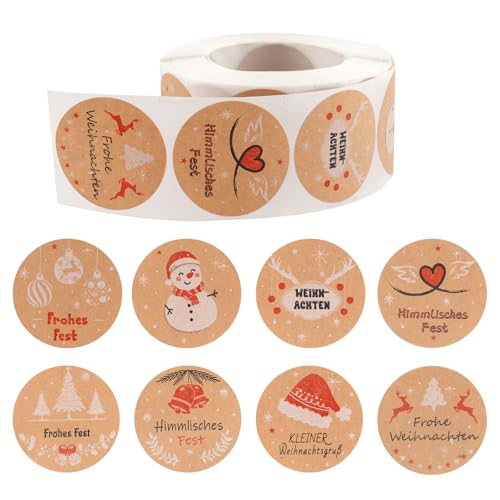 500 Stück Aufkleber Weihnachten zum Beschriften, Rund Kraftpapier Stickers, Selbstklebend Etiketten, Frohe Weihnachten Aufkleber, Decorative Weihnachtsetiketten für Umschlag Geschenk Dekoration von Tikplus