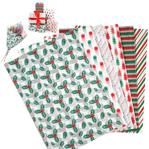 60 Blatt Seidenpapier Weihnachten, 50 × 35cm Geschenkboxen Papiertüte, Rot Grün Geschenktüten, Xmas Streifen Laub Weihnachtsbaum Geschenkpapier für Geburtstag Hochzeit(6 Muster) von Tikplus