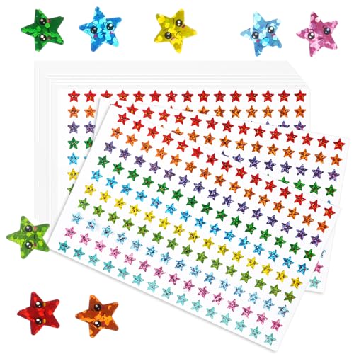 6750 Stück Glitzer Sticker Sterne, Selbstklebende Glitzer Aufkleber, Smiley Sterne Aufkleber, 1cm Glitzer Sticker, Laser Belohnungssticker, Sterne Sticker für Schüler Belohnung, DIY(45 Blätter) von Tikplus