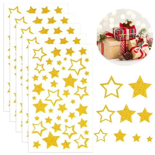 Sterne Sticker, 210 Stück, Glitzer Stern Aufkleber Selbstklebend zum Basteln, Sterne zum Aufkleben, für DIY Weihnachten Weihnachtskarten Deko Geschenk Handwerk (Gold) von Tikplus