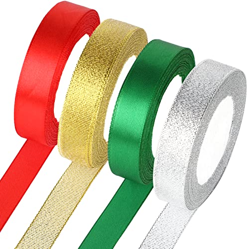 Schleifenband Weihnachten, 4 Rollen 88 Meters Rot/Grün/Gold/Silber Geschenkband zum Basteln Geschenk Verpackung, Weihnachtsbänder Satinband für Weihnachten Dekoration von Tikplus