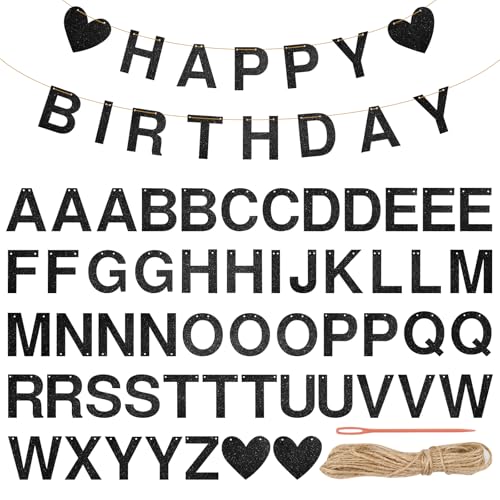 Schwarzes individuelles Banner-Set, 54 Stück, glitzernde, anpassbare Buchstaben-Symbole, DIY personalisierte Wimpelkette mit 10 m Juteseil, Happy Birthday-Banner, Party-Dekorationen von Tikplus