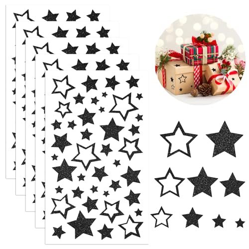 Sticker Sterne, 210 Stück Glitzer Stern Aufkleber, Weihnachtsaufkleber Sterne Deko, Stern Aufkleber Selbstklebend zum Basteln (Black) von Tikplus