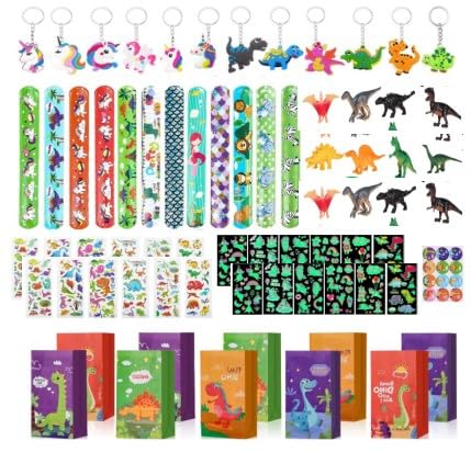 Tikplus Dino Party Mitgebsel Kindergeburtstag, 71 Stück Give Aways Kindergeburtstag, Dinosaurier Kindergeburtstag Mitgebsel Set mit Dino Schlüsselanhänger, Schnapparmband, Leuchttattoos, Aufkleber von Tikplus