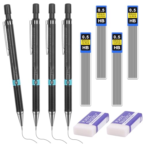 Tikplus Druckbleistift 0,5，4 Stück Druckbleistift Set mit 4 Tuben (48 Stück) Bleistiftmine HB Mienenbleistift 2 Stück Radiergummi, Mechanical Pencil für Zeichnen Schreiben von Tikplus