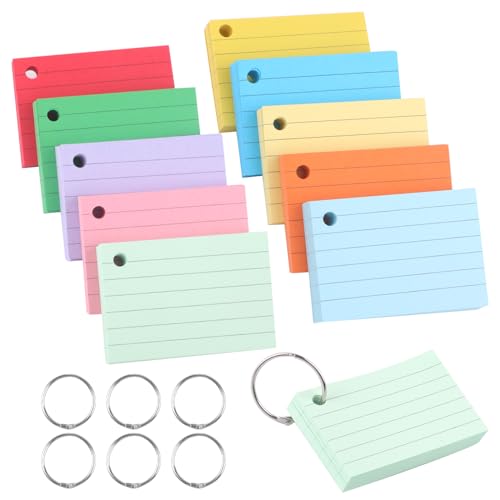 Tikplus Karteikartenset 500 Liniert Karteikarten, A8 Lernkarten mit Ring, 10 Farben Klein Karten zum Vokabeln Lernen, Beidseitig Beschreibbar Flashcards für Lernen Formeln oder Notizen,5.1x7.4cm von Tikplus