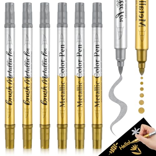 Tikplus Metallic Marker Stifte Set, Gold Silber Markierstifte, Dual Tip Acrylstifte 6 Pcs, Wasserfest Permanente Acrylmarker Steine Bemalen Stifte für Steine, Keramik, Glas, Holz, Metall, Scrapbook von Tikplus