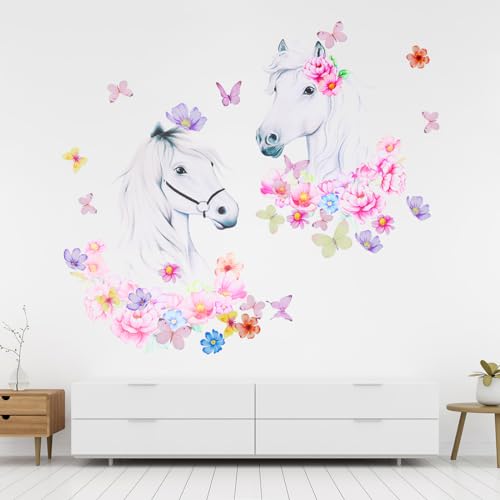 Wandtattoo, Groß Pferdekopf mit Blumen Wanddeko, Selbstklebend Wandaufkleber für Mädchen jungen Babyzimmer, Schlafzimmer, Klassenzimmer, Kindergarten,Wandsticker von Tikplus