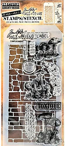 Tim Holtz Collection Stamper's Anonymous Tim Holtz Ziegel und Steine mit Pilzen, gemischte Medien, Stempel und Schablonen-Set THMM112 von Tim Holtz Collection